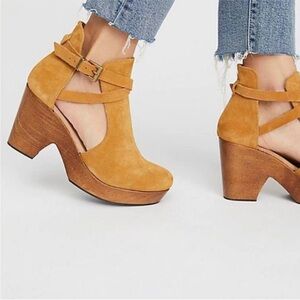 Suede Cutout Platform Heel Booties in Tan